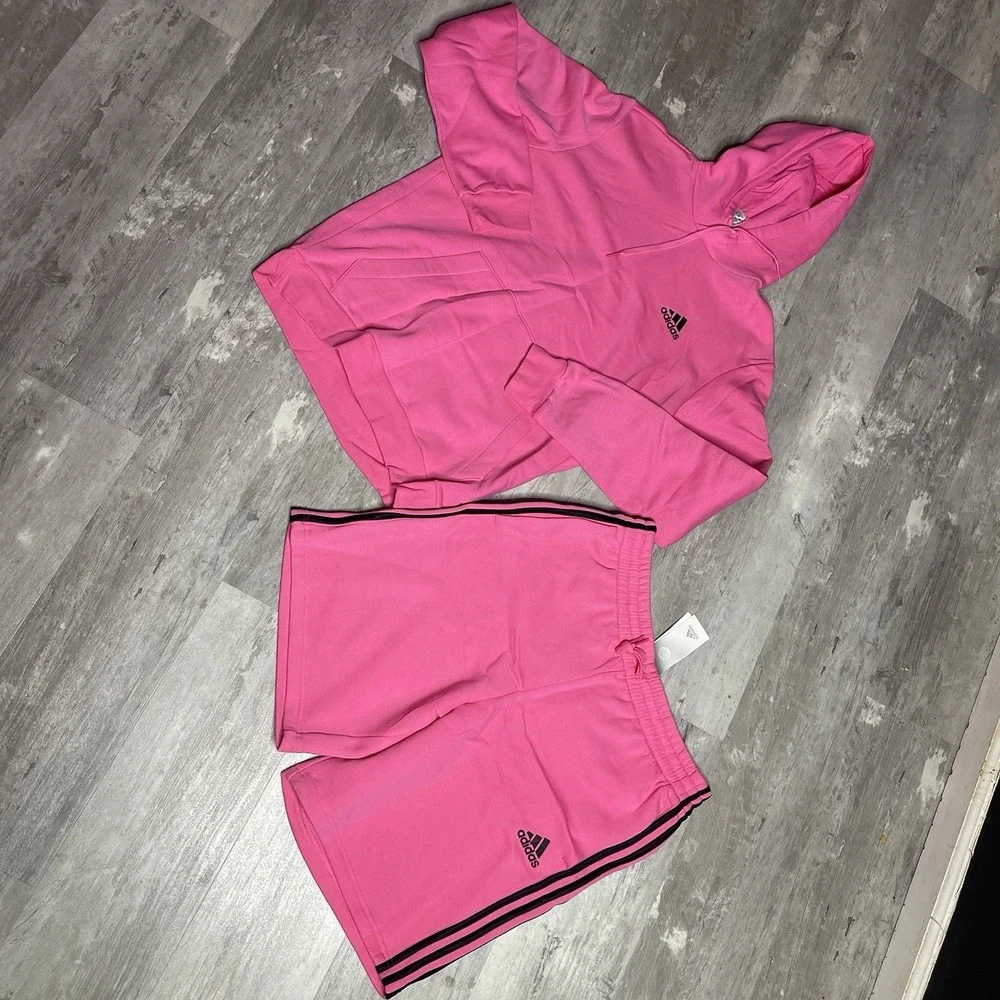 Mens Adidas Fleece Pink/black Hoodie &‎ Sweat Shorts Top Size M Bottom Size L